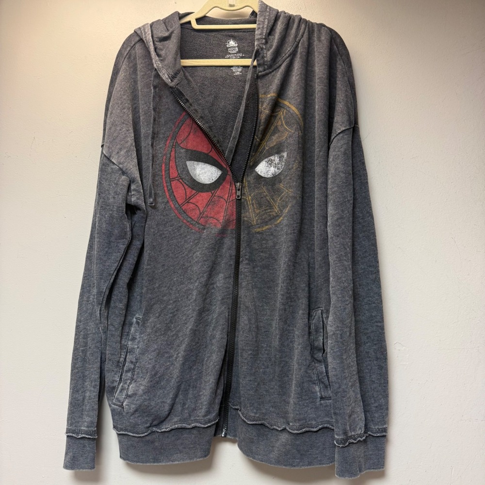 Disney Marvel Spider-Man Hoodie Mens XL Gray Excellent Acid Wash Zip Up Graphic